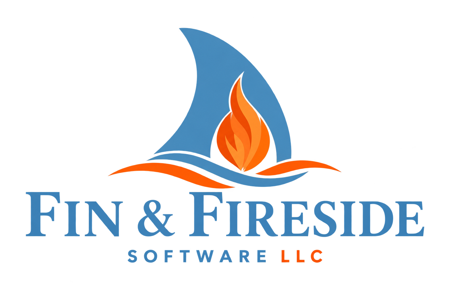 Fin & Fireside Software LLC: an ocean-blue fin and an orange flame